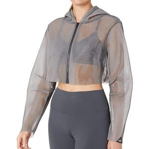 Alo Yoga mesh cropped gray hooded jacket